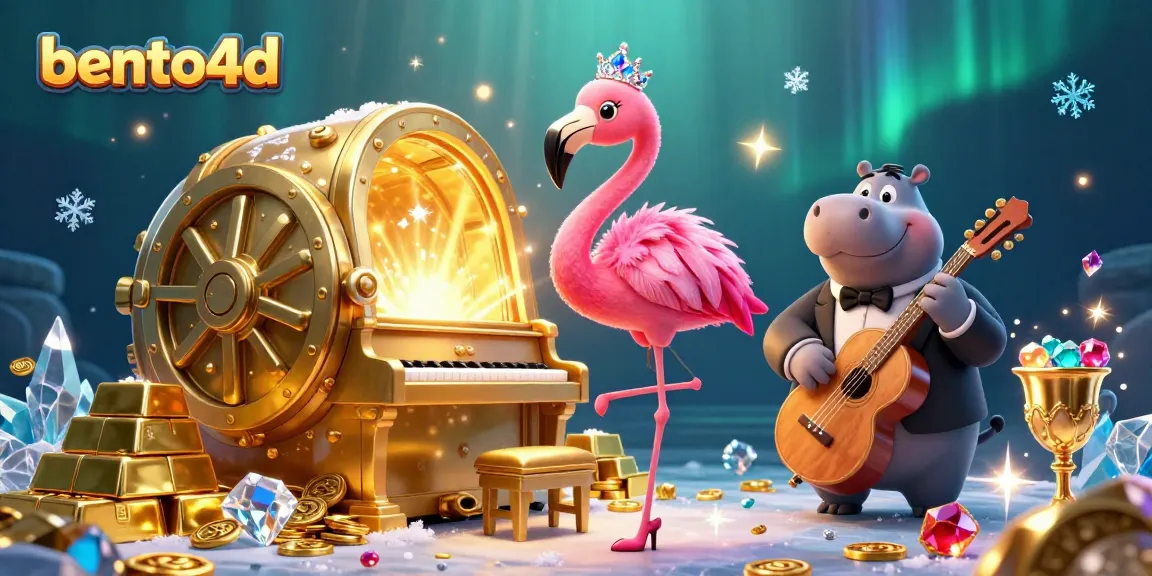 Seni kasino Bento4D yang berwarna-warni menampilkan penyanyi flamingo dan bassist hippo di tengah harta berkilau.
