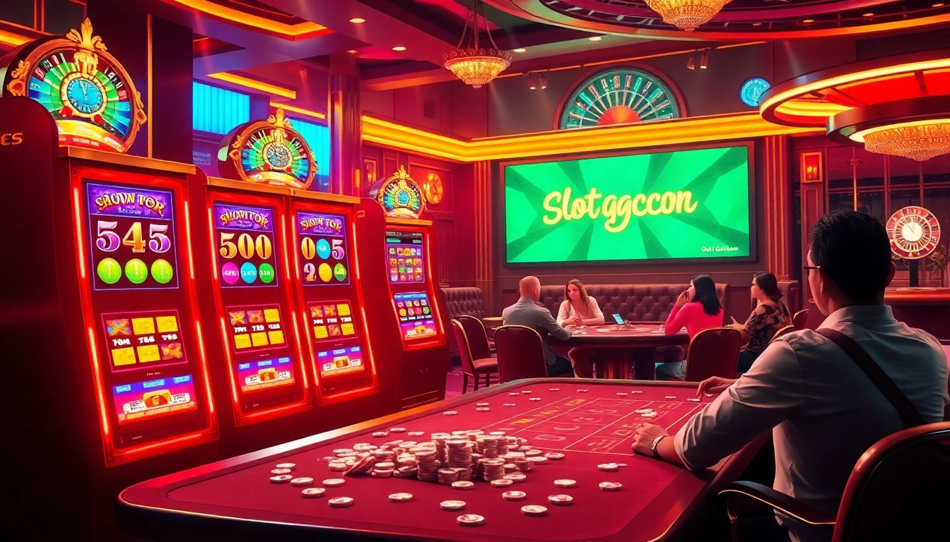 Experience the excitement of slot gacor with vibrant slot machines and joyful players at a casino table.