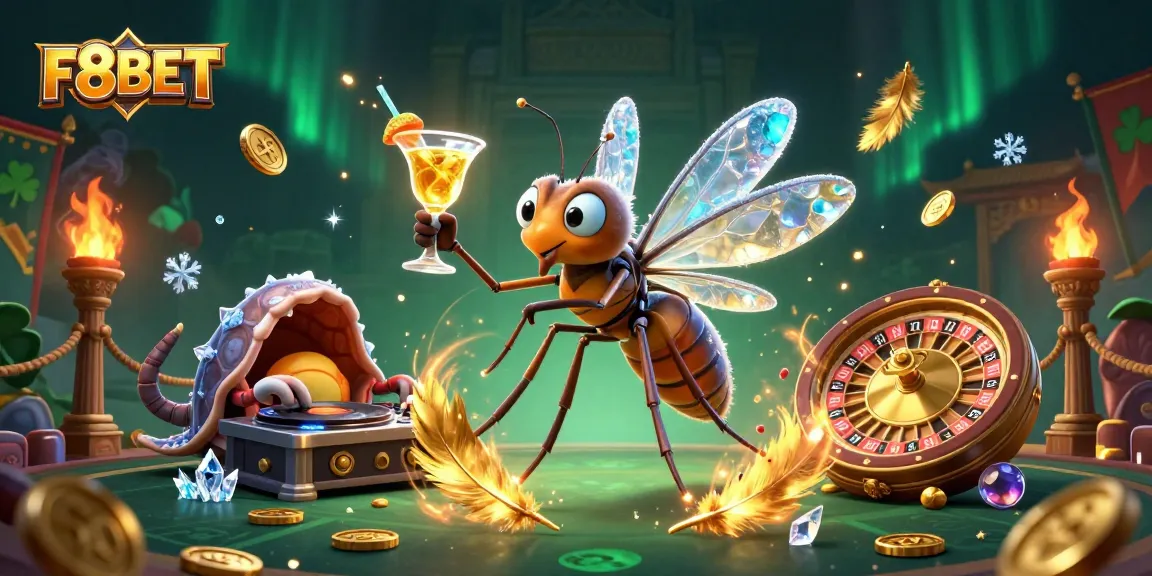 Win big with F8BET as a vibrant frozen mosquito mascot celebrates at a casino scene full of energy.