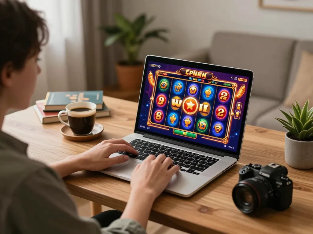 Enjoying an exciting online game at 68win com, colorful slot reels and big win notification displayed on a laptop.