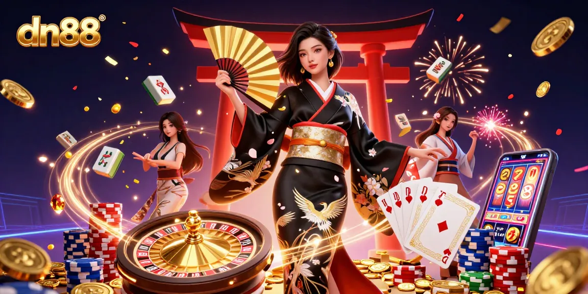 Engage in thrilling gameplay at dn88, with an elegant woman amidst casino elements and vibrant graphics.