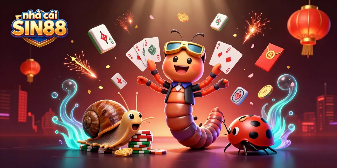 Engage with nhà cái SIN88 in this vibrant online casino illustrated scene featuring a millipede dealer and high-roller snail.