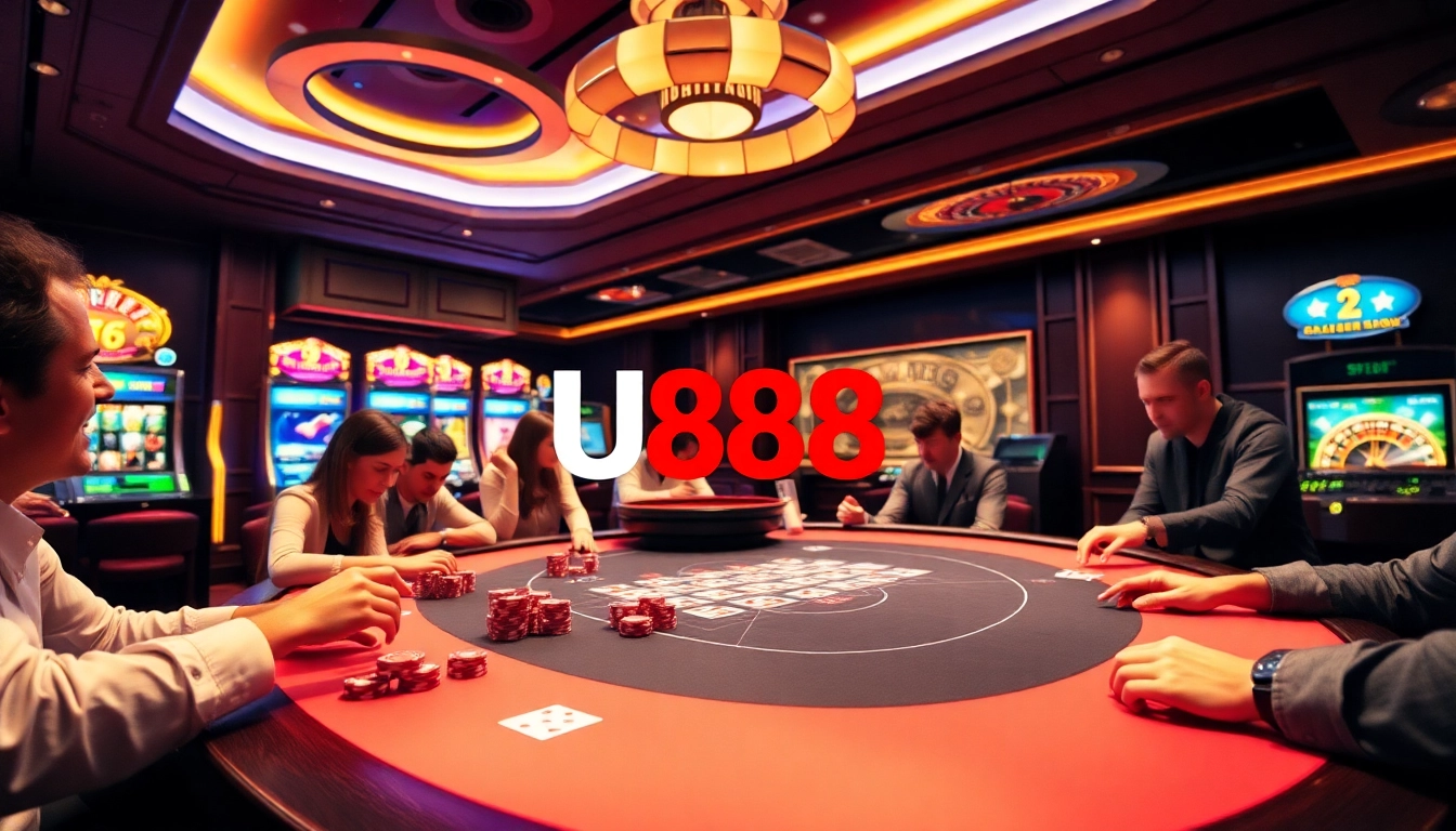 Players enjoying an exciting game at U888 Casino with vibrant poker chips and a roulette wheel.