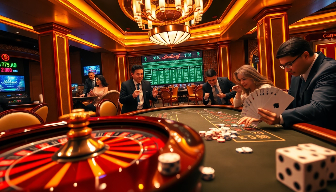 Engaging scene of gamblers playing the 68 game bài with poker chips and cards in a luxury casino environment.
