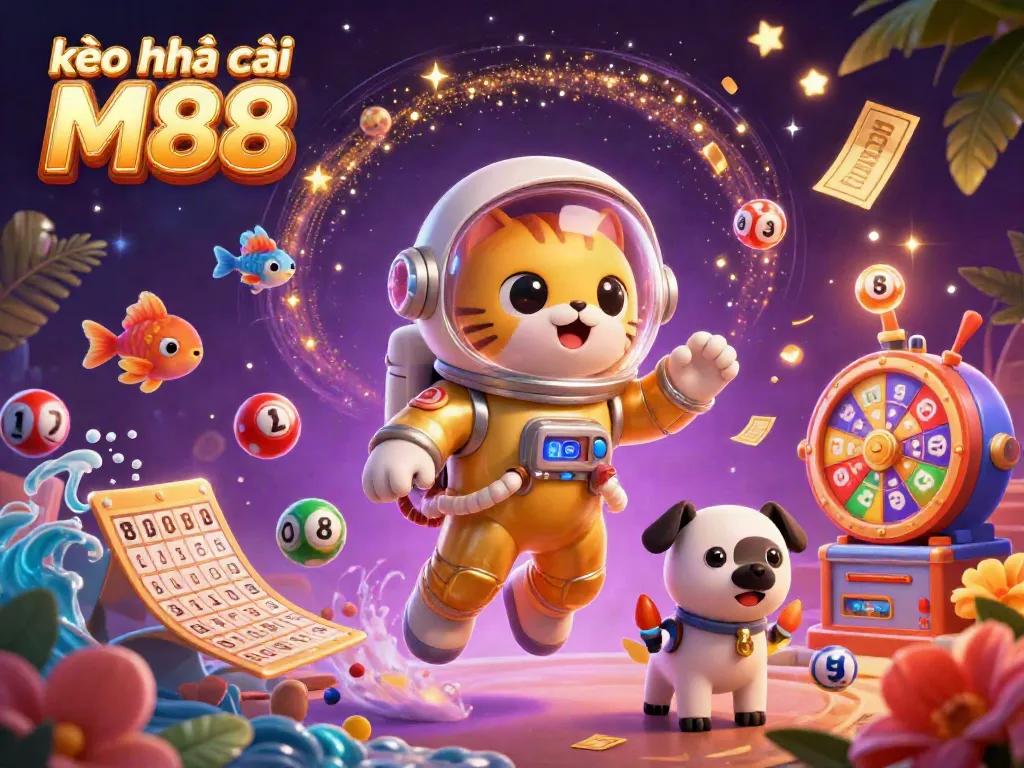 Tham gia cá cược với kèo nhà cái M88 trong hình ảnh 3D sinh động về một chú mèo phi hành gia.