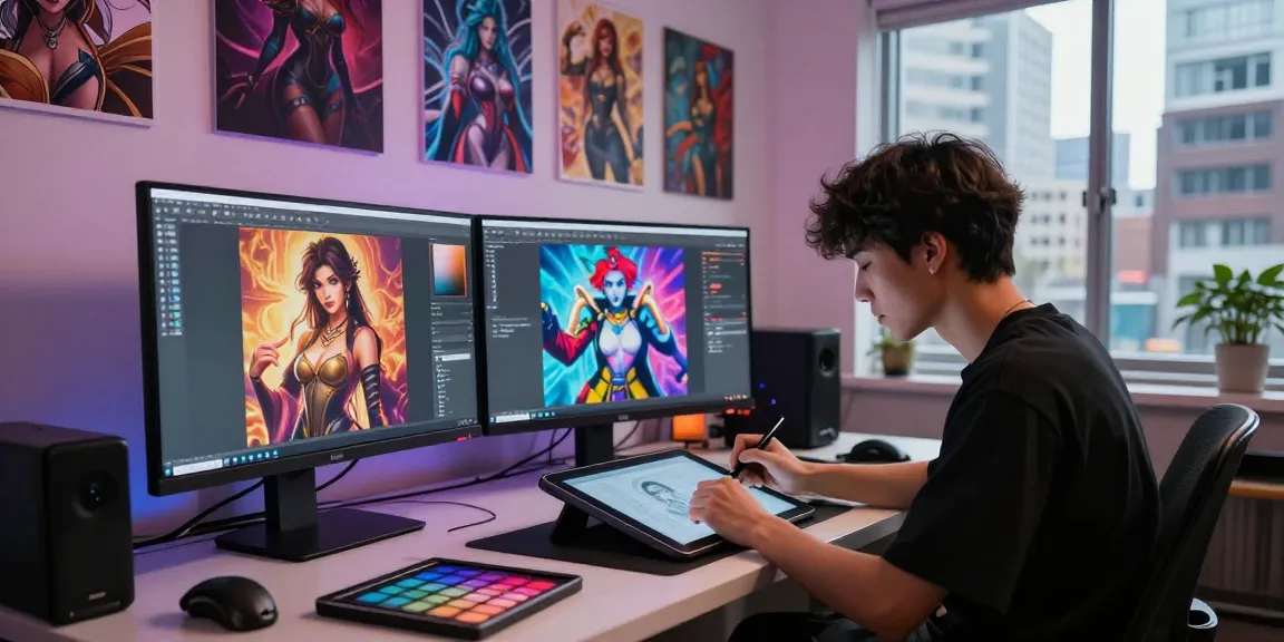 Creating detailed NSFW AI character designs in a vibrant digital art studio, showcasing artistic tools and software.