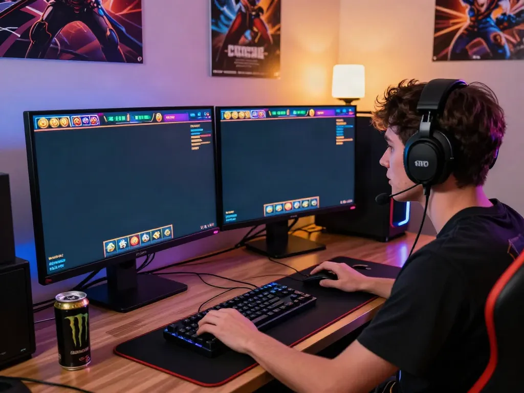 Player engrossed in akunjp online gaming on dual screens, vibrant graphics, cozy gaming setup.