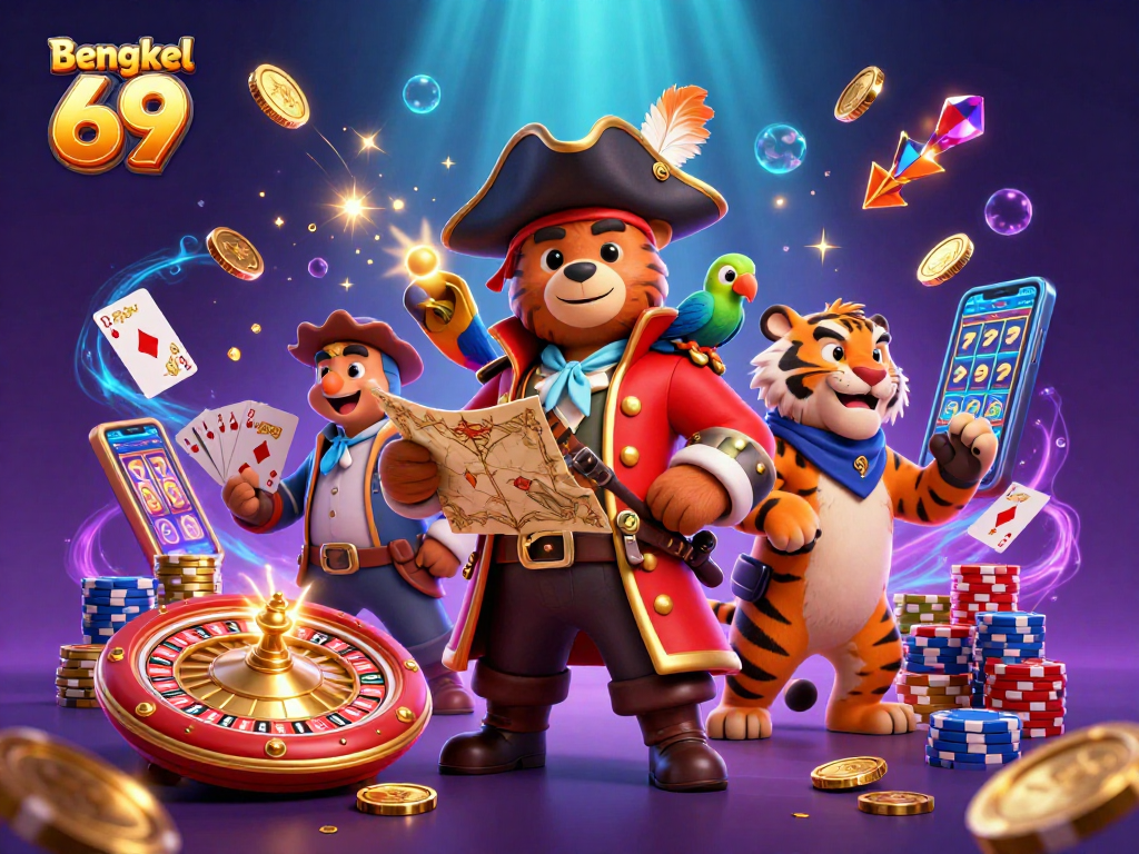 Engage with Bengkel 69 at this vibrant casino illustration featuring a pirate bear, tiger, and treasures.