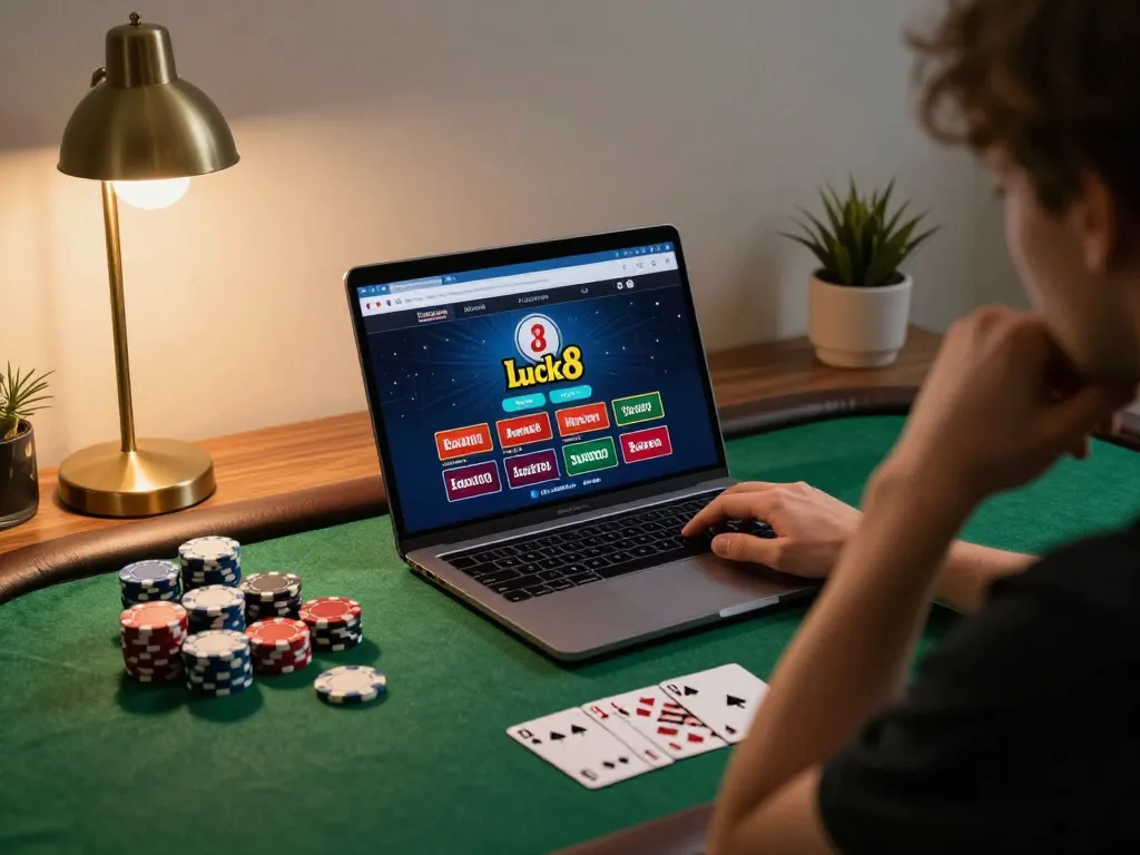 Engaging scene of a player strategizing poker on luck8 casino app, surrounded by poker chips and warm lighting.
