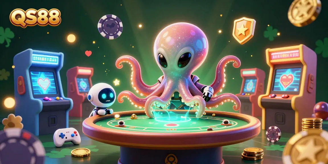 Engage in thrilling poker action with QS88 in a vibrant, galactic casino scene.