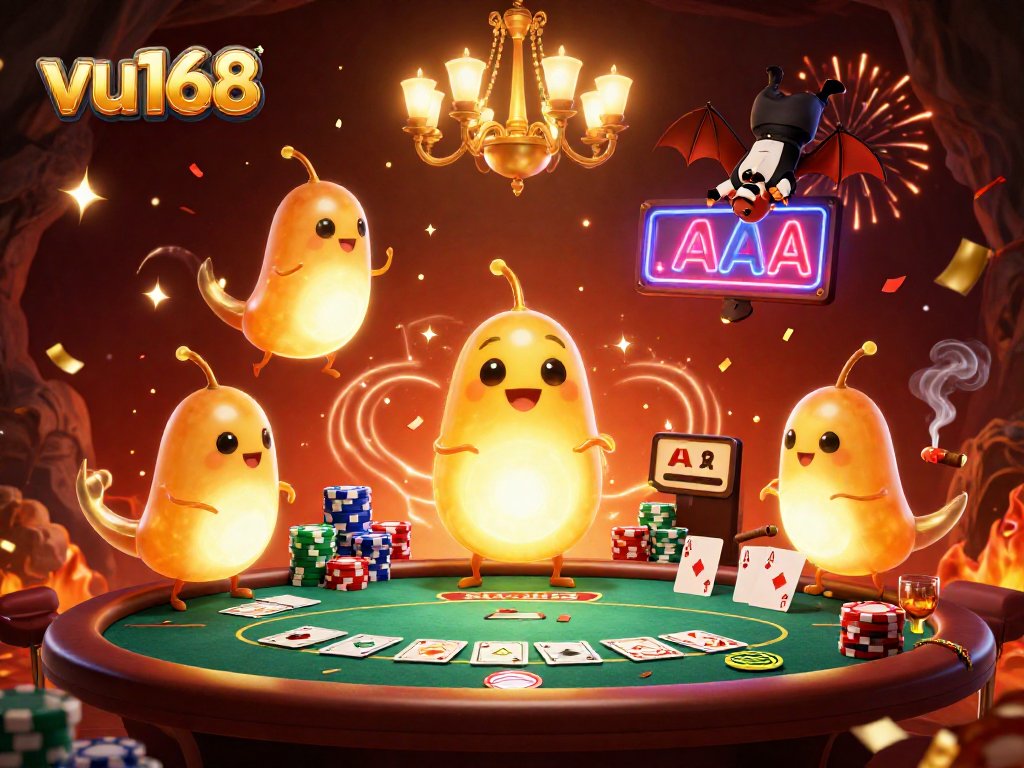 Experience gaming excitement at vu168 with a vibrant scene featuring card games and casino elements.