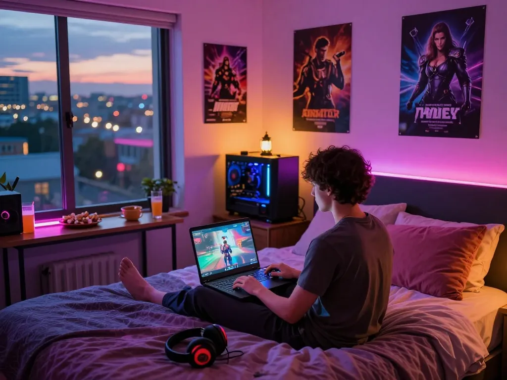 Player enjoying engaging porngames in a cozy bedroom with vibrant LED lighting.