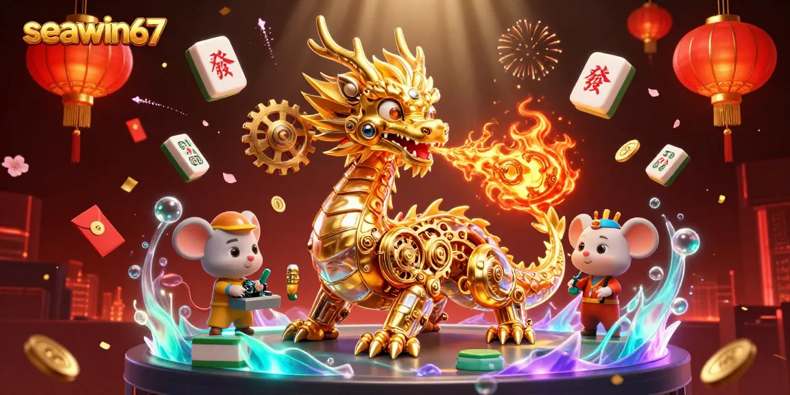 Permainan casino seawin67 dengan naga emas dan elemen beruntung serta cahaya yang memukau.