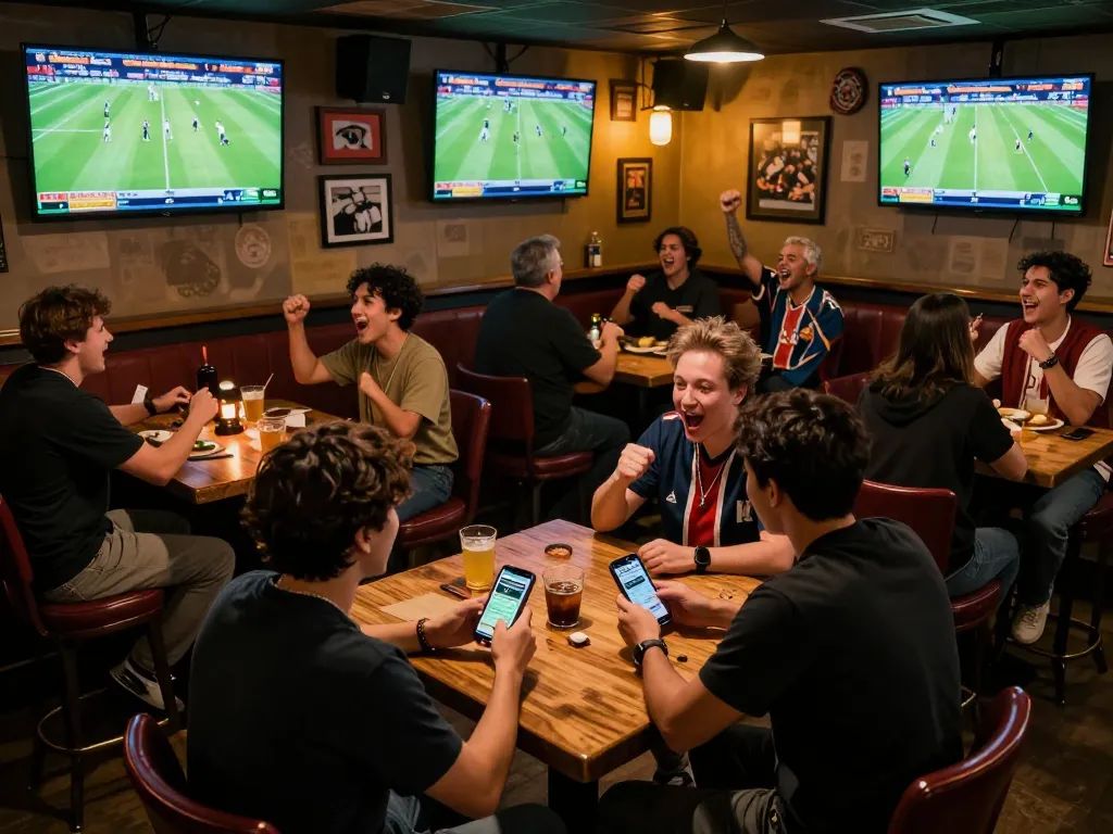 Betting action on https://keonhacai5.mobi/ from a lively sports bar filled with enthusiastic fans.