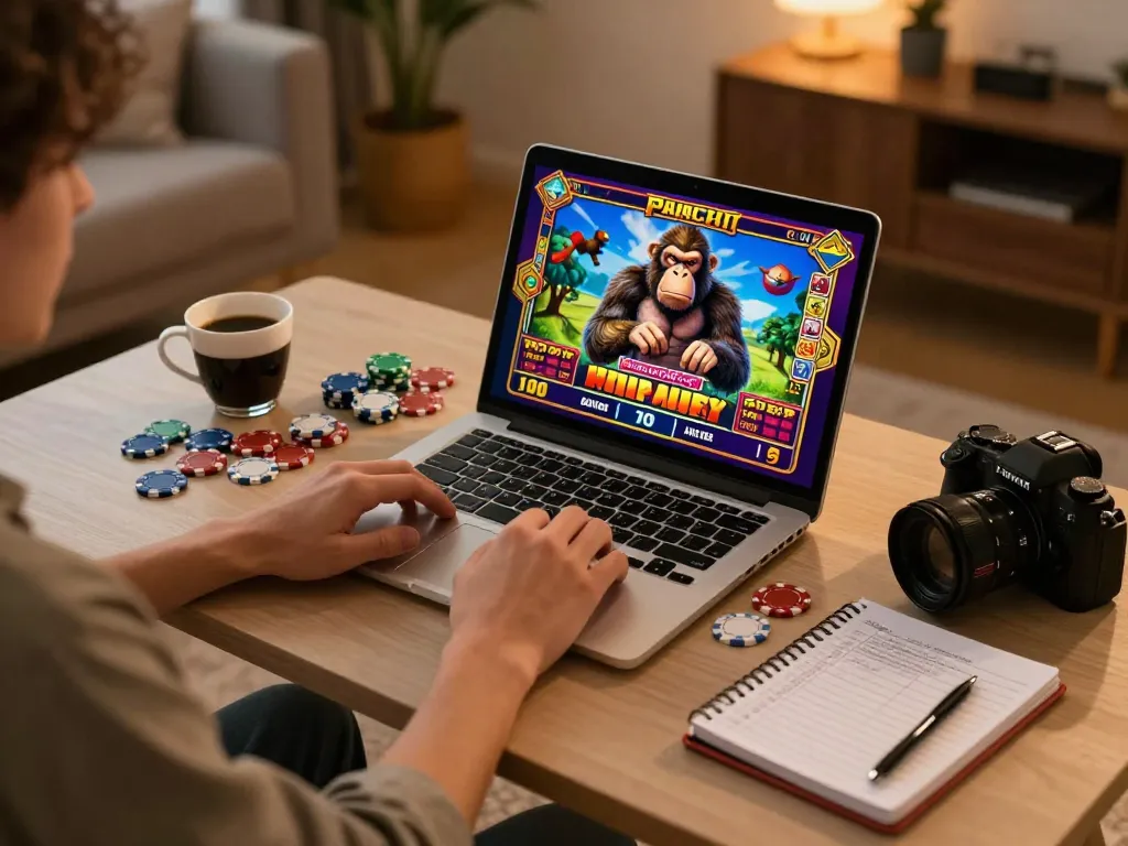 Online gambler engages with wild ape slot game on laptop, showcasing agen terpercaya entertainment.
