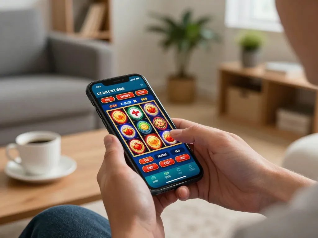 Player interacting with cm88 mobile casino app in a cozy home setup.