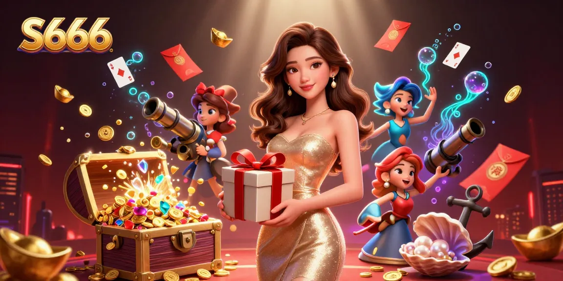 Experience thrilling wins with S666, a luxurious casino scene featuring glamorous wins and festive decorations.