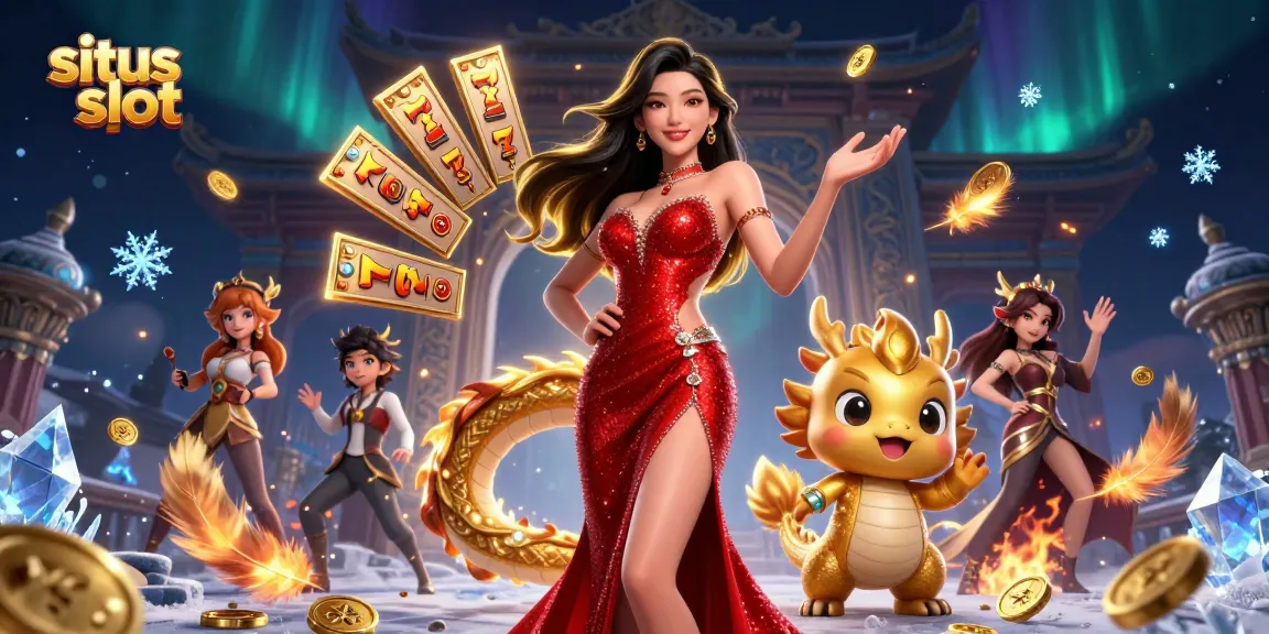 Situs slot features a stunning Asian woman in a red sequin gown with a golden dragon mascot, depicting an engaging casino scene.