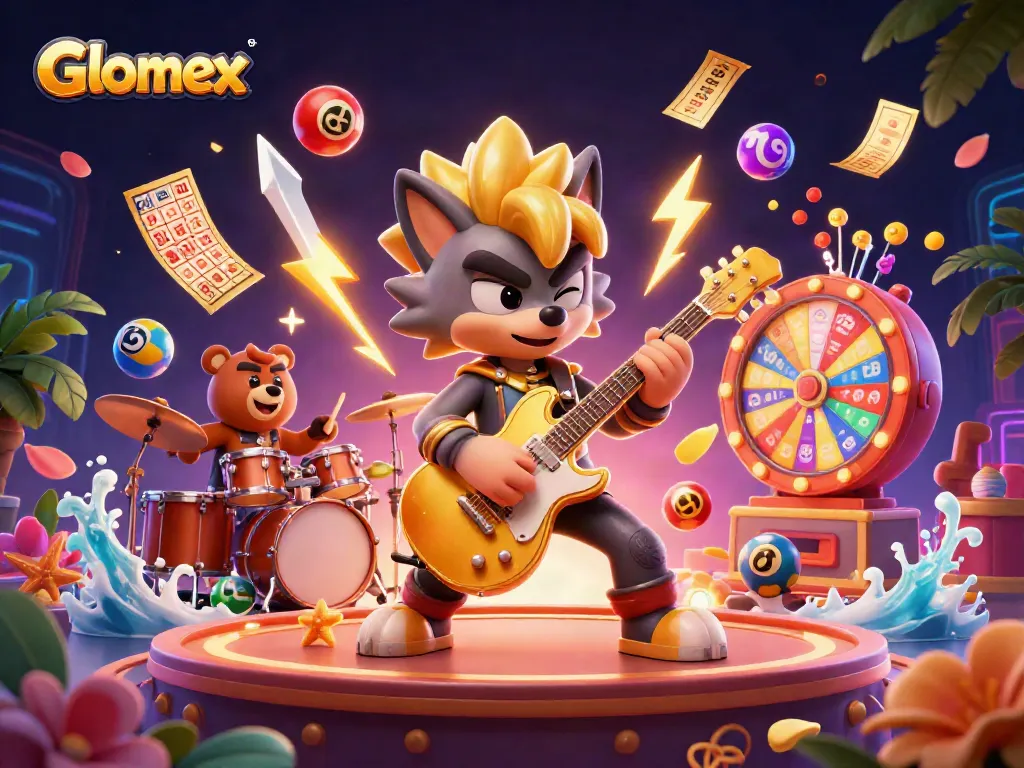 Engage with Glomex in a vibrant casino scene filled with animated lottery elements.