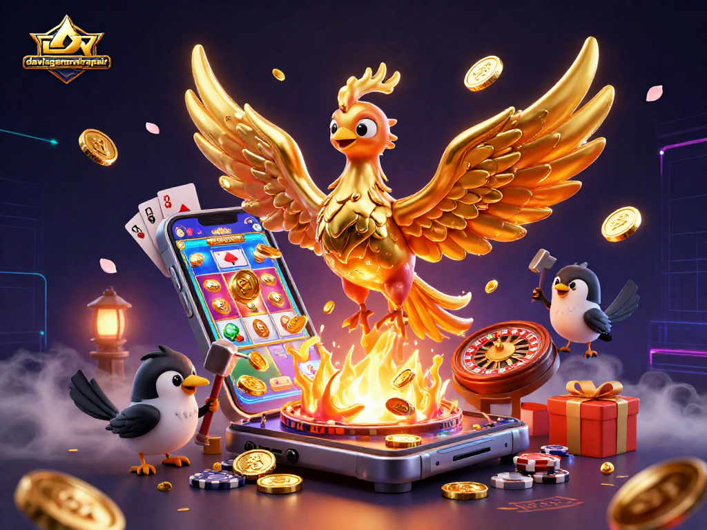 Davisgeneralrepair celebrates wins with an ultra-detailed 3D phoenix and casino elements, showcasing vibrant slot games.