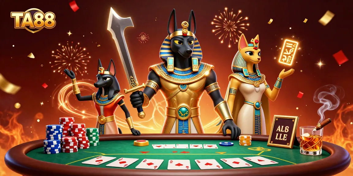 Engage in thrilling TA88 poker action with epic Egyptian characters amidst vibrant casino elements.