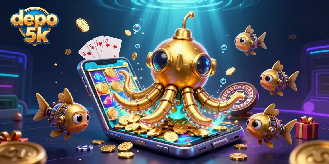 Experience the thrilling world of depo 5k with vibrant casino elements and a golden kraken submarine bursting forth.