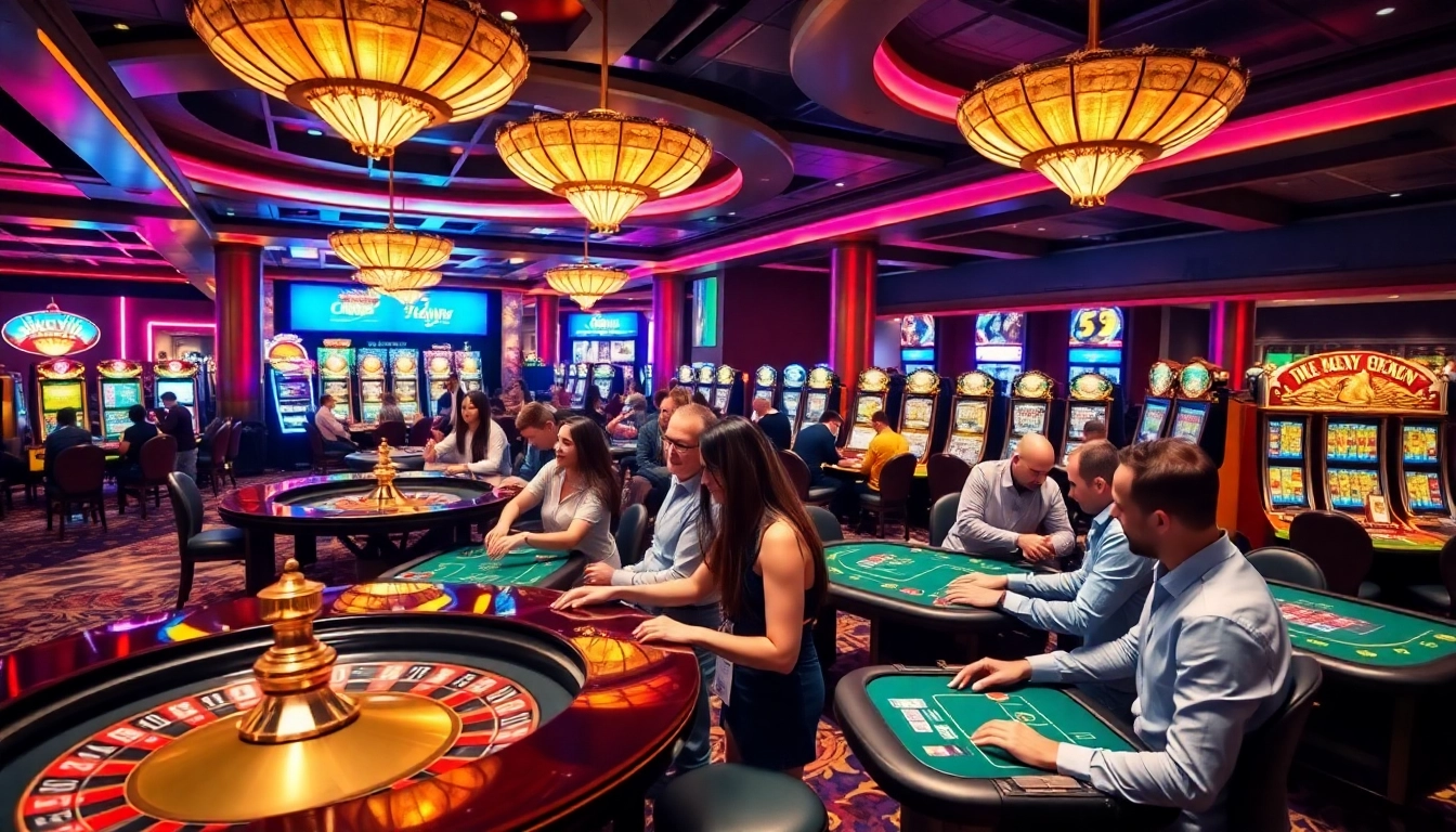 Players enjoying thrilling games at Luckywin's vibrant casino floor.