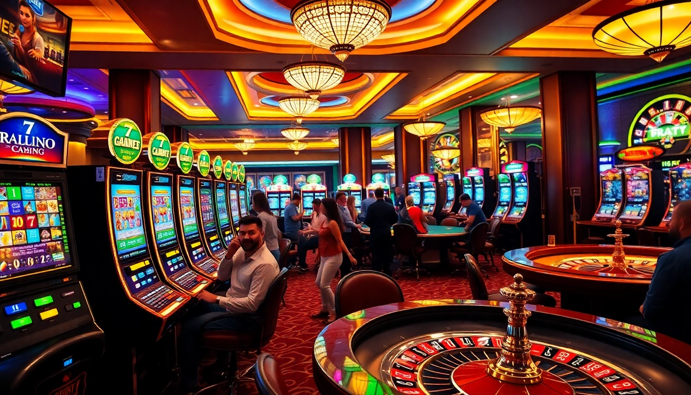Players enjoying vibrant slot machines at 7hh online casino, capturing the thrill of gaming.