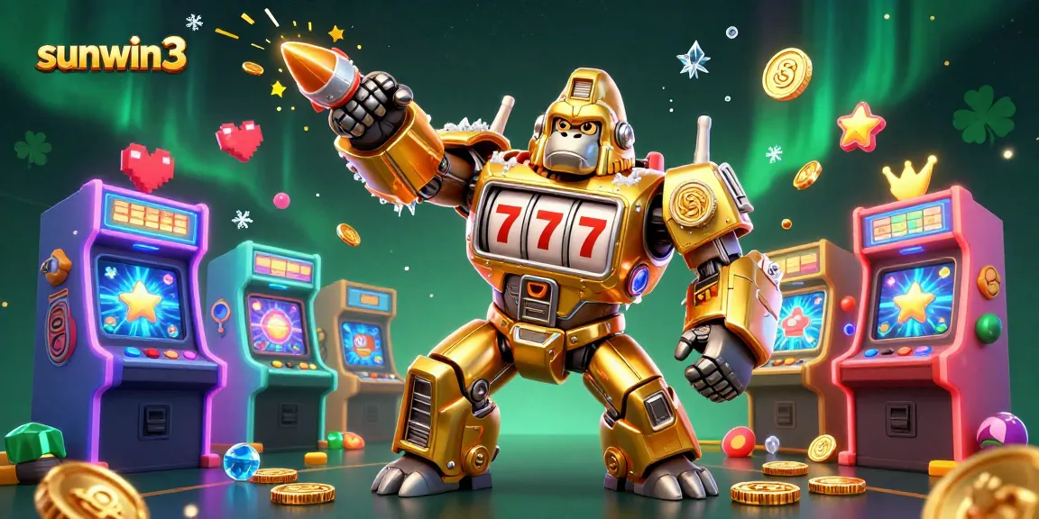 Experience the excitement of gaming with sunwin3's golden gorilla mech surrounded by vibrant casino elements.