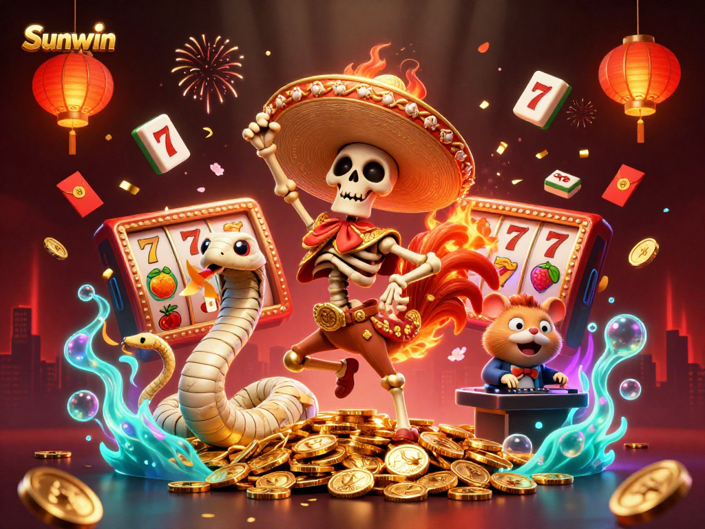 Engage with Sunwin's vibrant casino experience featuring characters dancing among slot reels, coins, and festive elements.