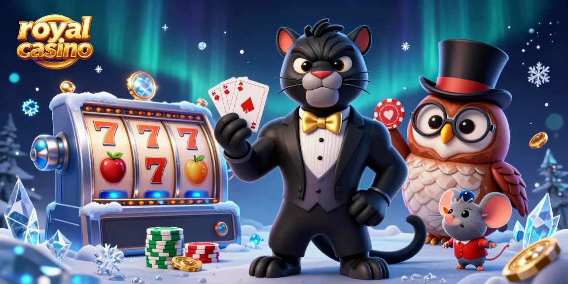 Engaging royal casino scene with a stylish black panther dealer, owl holding chips, and lucky mouse in 3D illustration