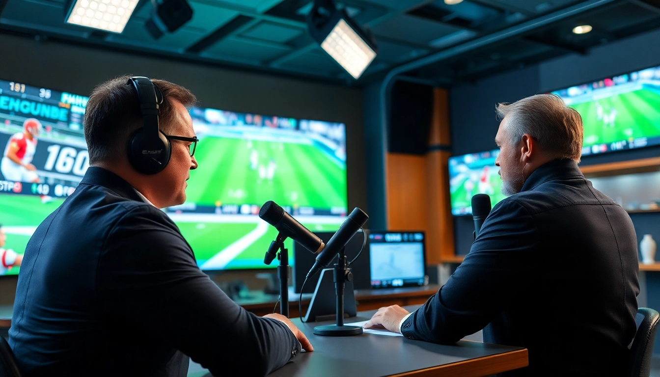 Sports Broadcasting studio where commentators discuss live events and share insights.