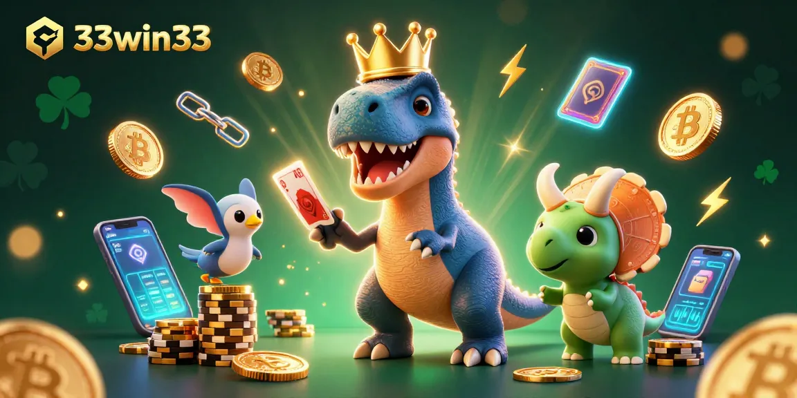 33win33: Engaging scene of a T-Rex card shuffling with friends and crypto coins for a thrilling online gaming experience