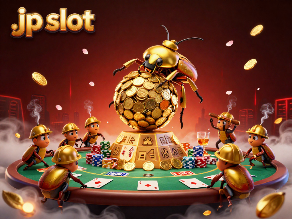 Experience the thrill of jp slot with golden dung beetles navigating a casino pyramid.