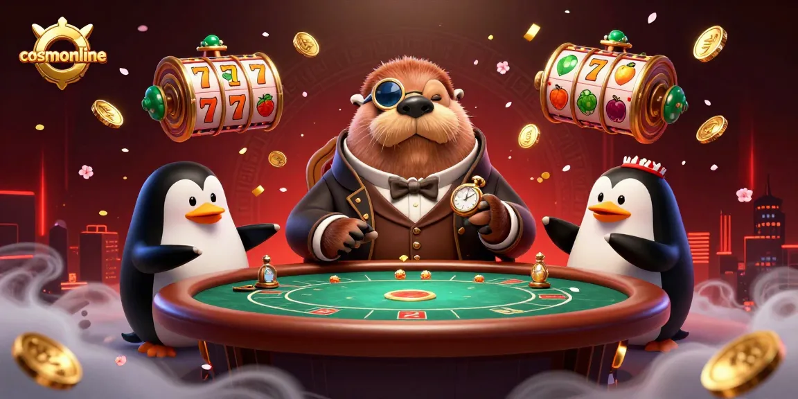 Engaging scene at Cosmonline showcasing a walrus, penguin dealer, and pufferfish, with vibrant slot elements.