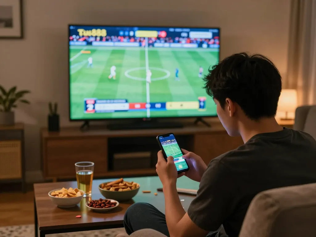 Engaged sports bettor using uu88 on smartphone while watching live sports event at home