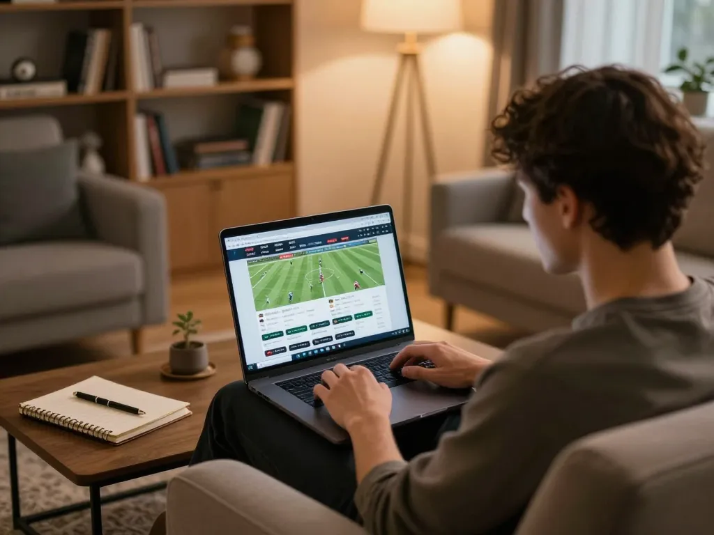 Engaging in sports betting on F8BET with live odds displayed on a laptop.