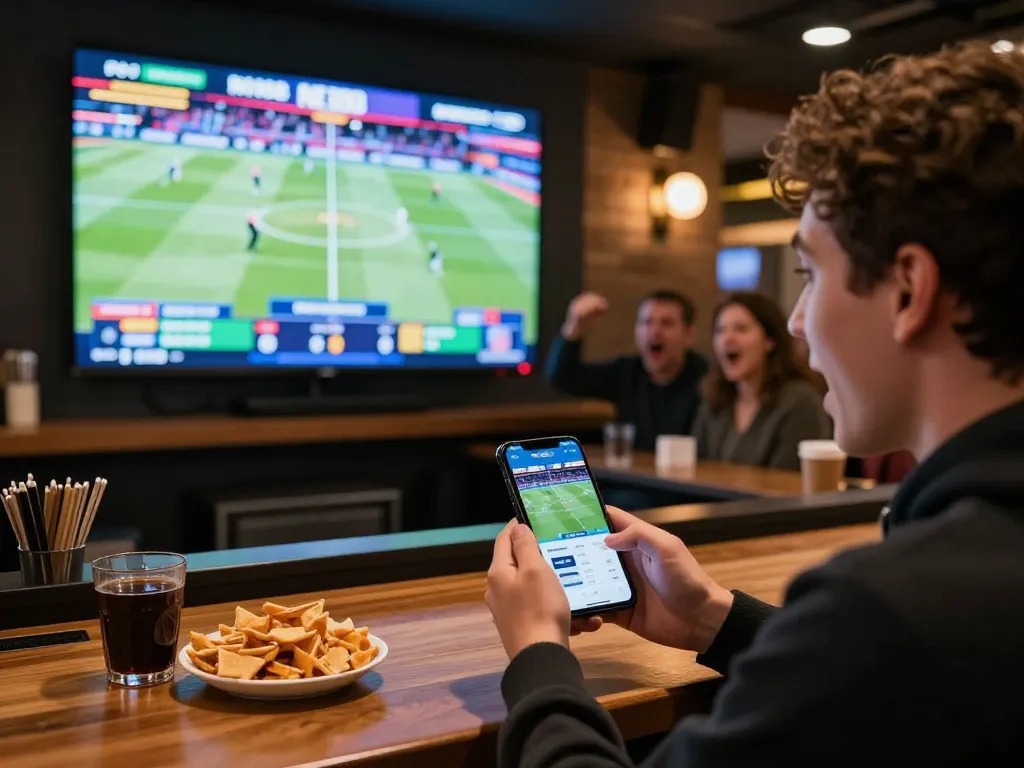 Excited bettor using n1888 app to place sports bet during live game at cozy bar.