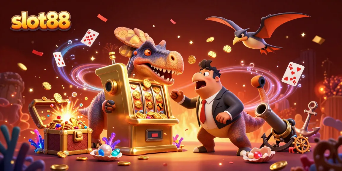 Seru berputar slot88 jackpot dengan dinosaurus dan manajer kasino yang panik.