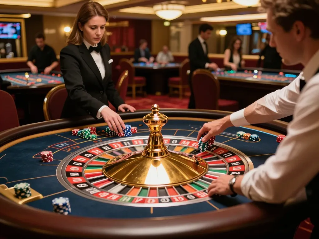 Exciting moment at nhà cái 388bet roulette table, player placing bets while croupier spins wheel.