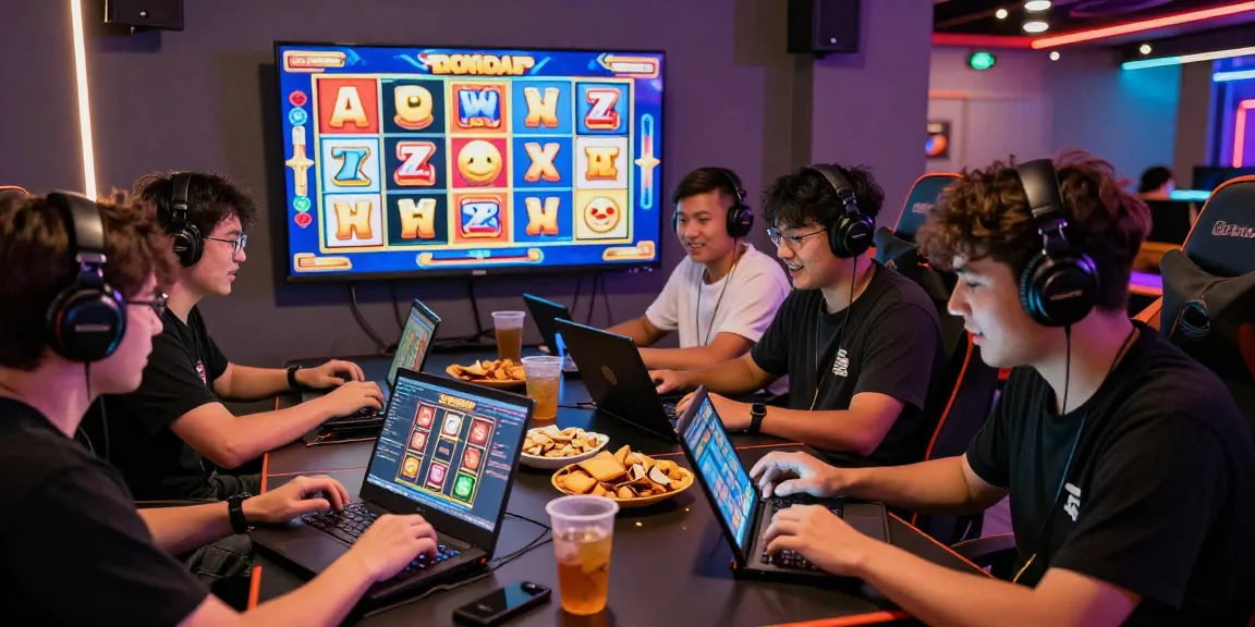 Excited players enjoying bonus buy slots in a vibrant gaming lounge, showcasing colorful game graphics and diverse devices.