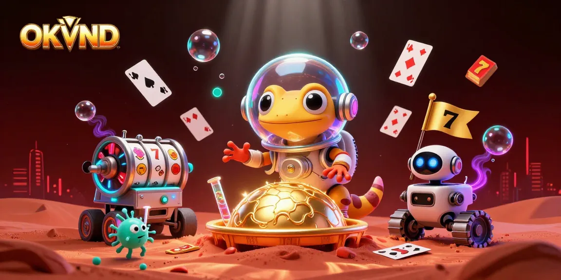 OKVND animated casino scene with a Martian character, showcasing vibrant gambling elements and excitement.