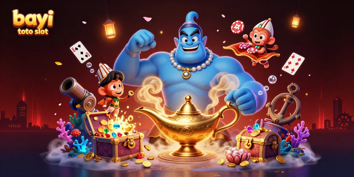 Experience exciting gaming with the bayi toto slot featuring a magical scene of a genie, monkey, and poker chips.