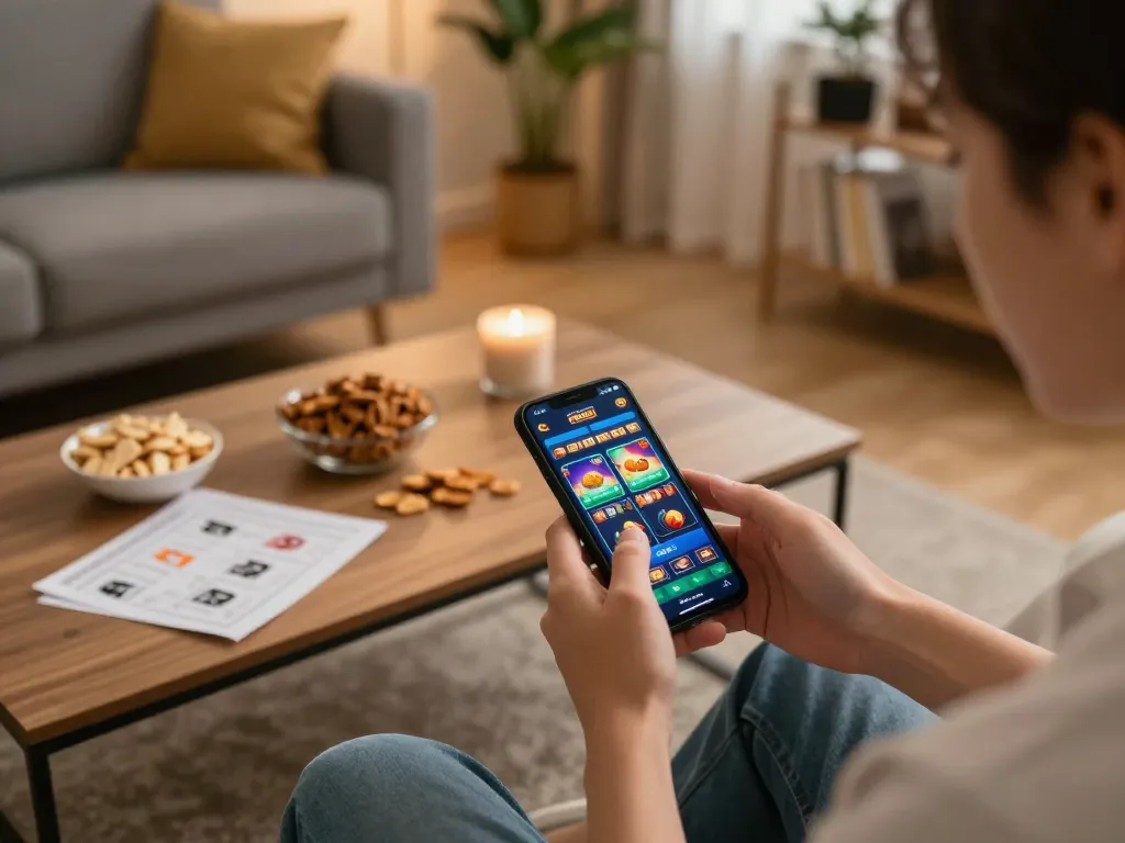Engaged user playing the sunwin casino app on smartphone in a cozy home setting, showcasing relaxed gambling experience.