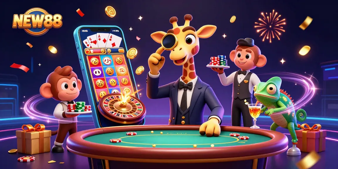 NEW88 features a vibrant casino scene with a high-roller giraffe, monkey valet, and chameleon bartender enjoying colorful games.