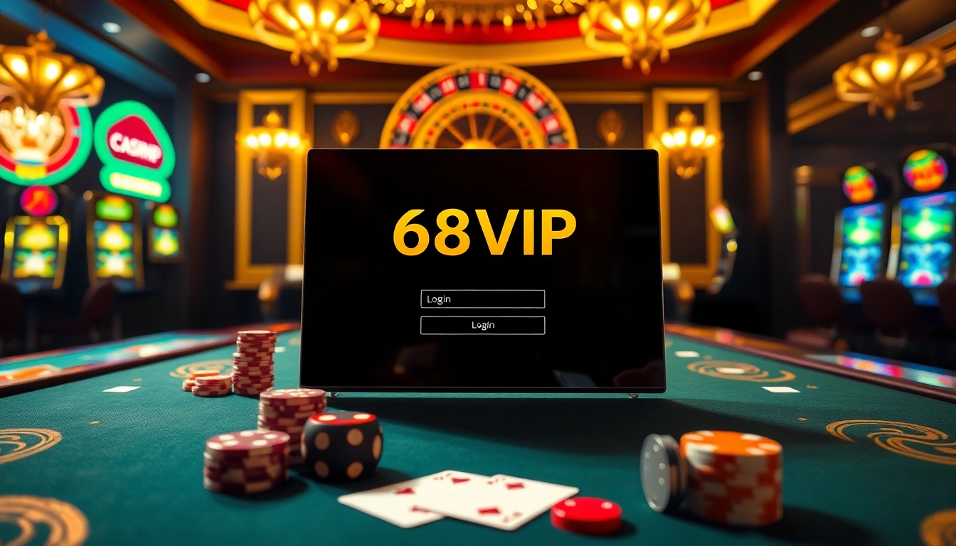 Engage in Đăng Nhập Nhà Cái 68VIP with a luxurious casino screen featuring vibrant tables and gaming interfaces.