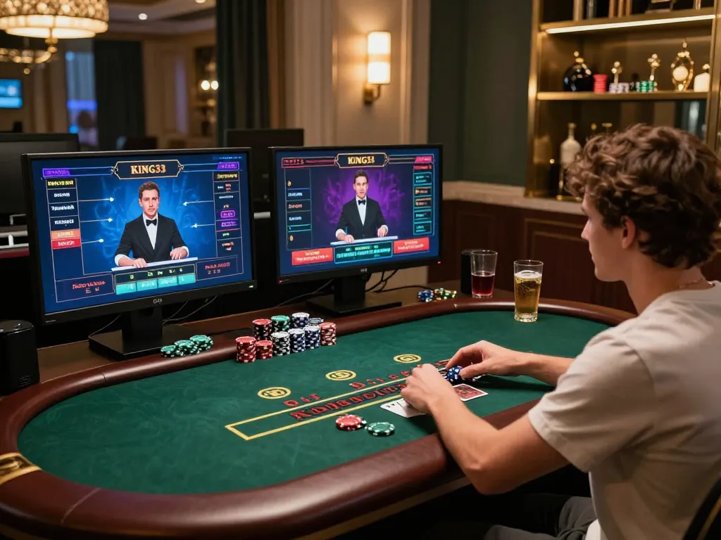 Experience thrilling gameplay with King33 in an upscale online casino setting, capturing dynamic live blackjack action.