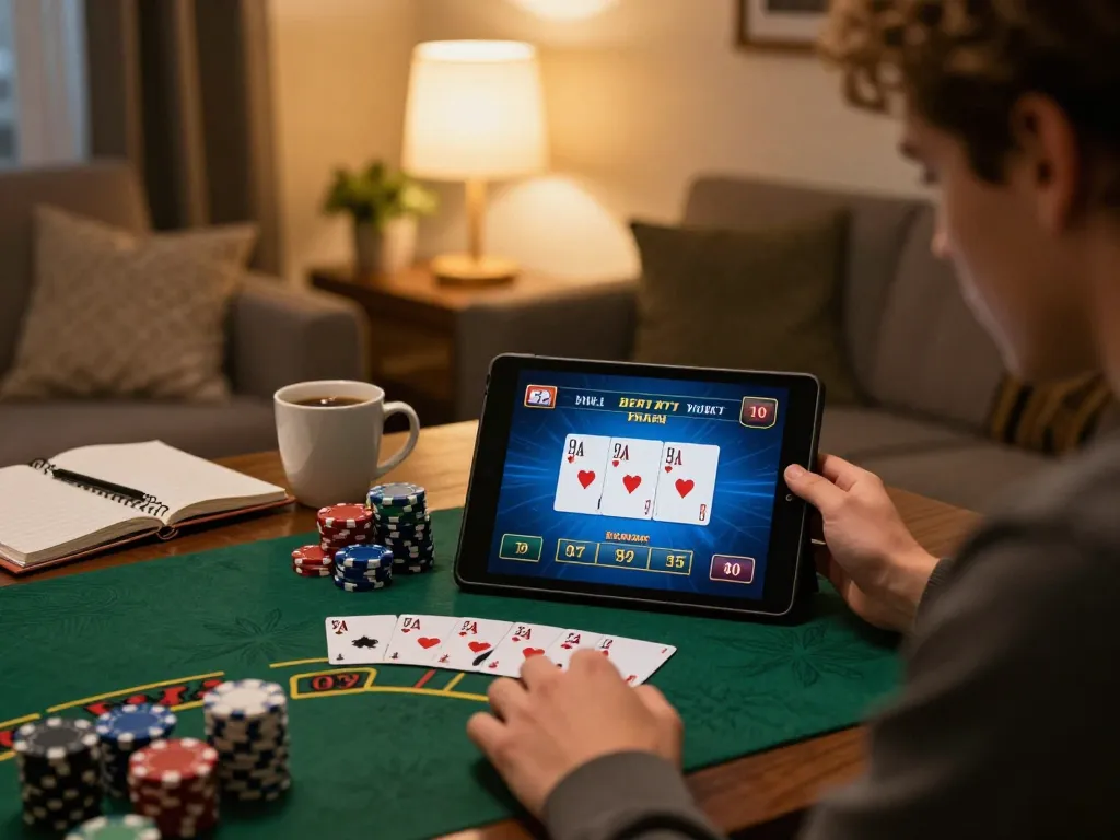 Engaged player at home playing 789win live blackjack game on tablet with strategy notes.