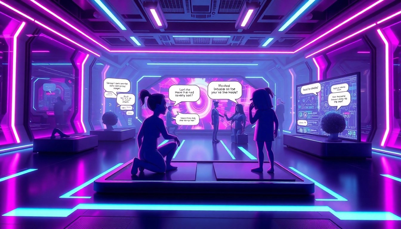 Futuristic NSFW digital landscape with interactive character interactions and neon accents.