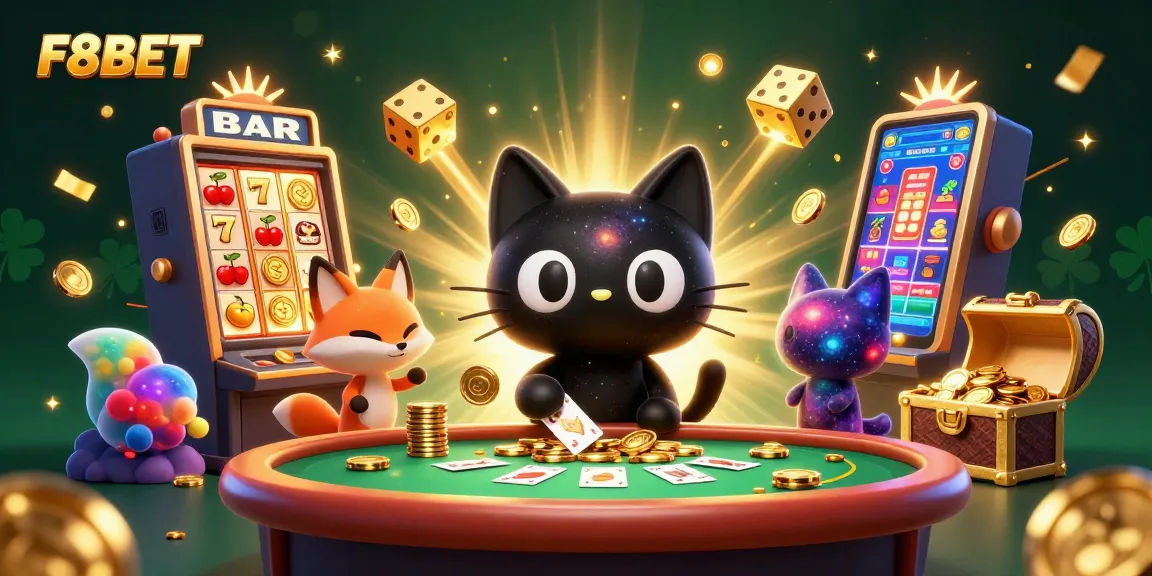 Play and win at F8BET with a stunning cosmic casino featuring a black hole cat and vibrant game elements.